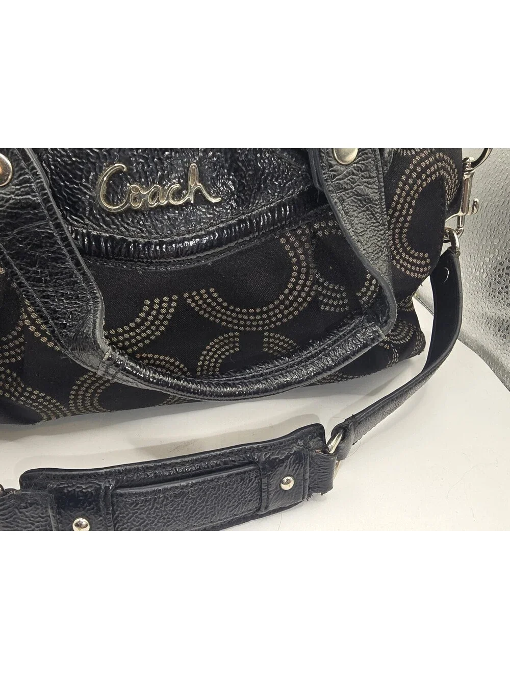 Authentic Coach Ashley Dotted OP Art Satchel Hand Bag Purse F20027 Black